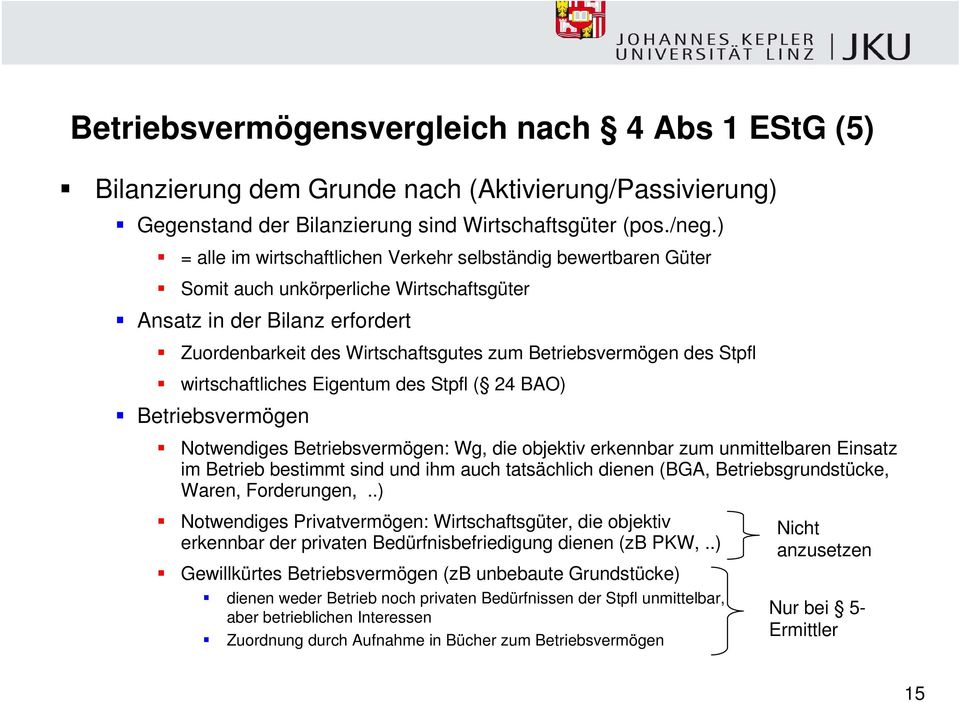 des Stpfl wirtschaftliches Eigentum des Stpfl ( 24 BAO) Betriebsvermögen Notwendiges Betriebsvermögen: Wg, die objektiv erkennbar zum unmittelbaren Einsatz im Betrieb bestimmt sind und ihm auch