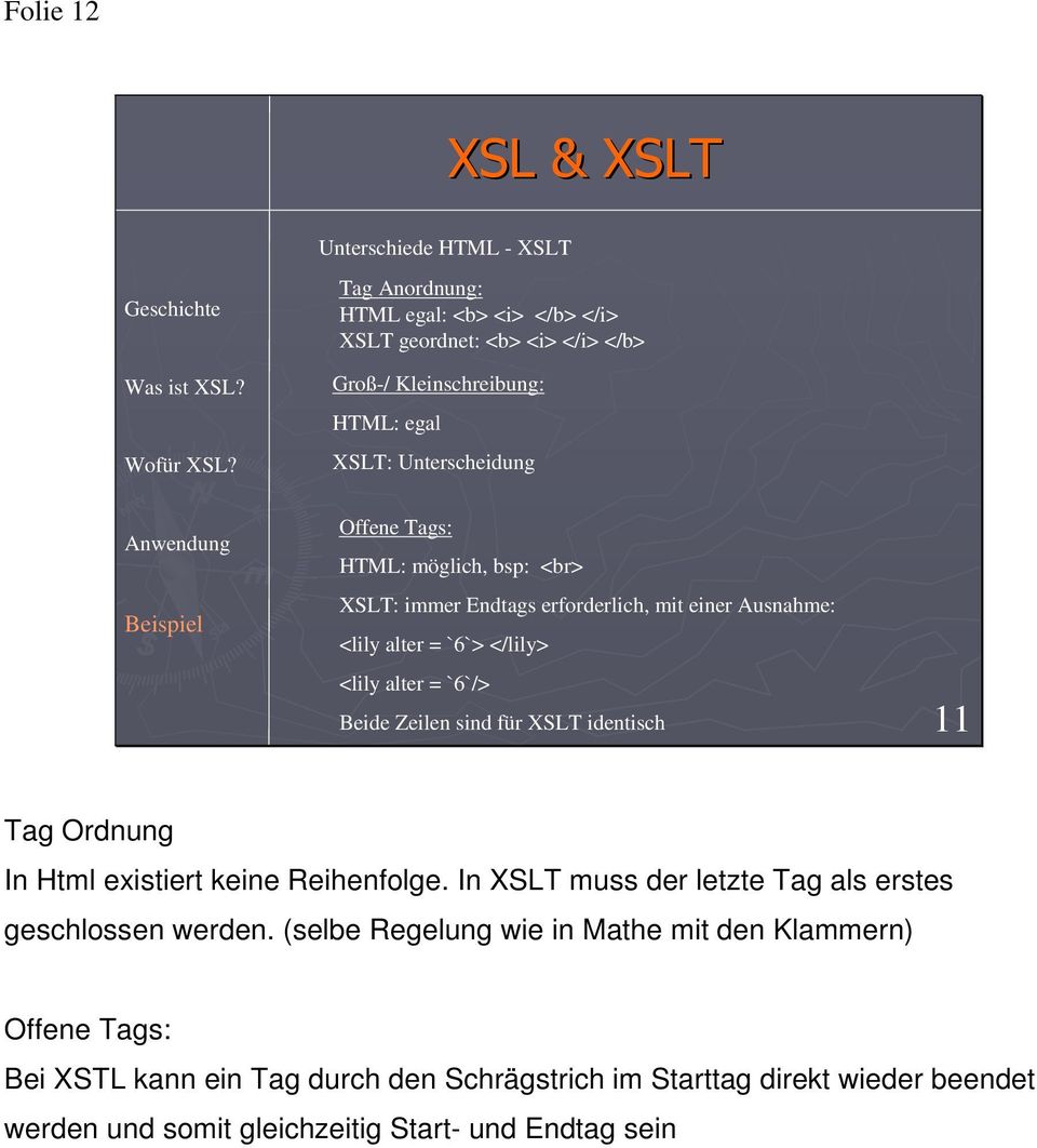 Zeilen sind für XSLT identisch 11 Tag Ordnung In Html existiert keine Reihenfolge. In XSLT muss der letzte Tag als erstes geschlossen werden.