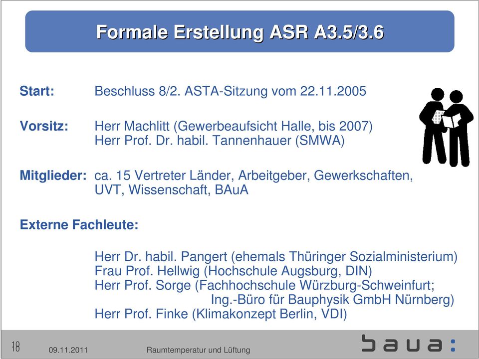 15 Vertreter Länder, Arbeitgeber, Gewerkschaften, UVT, Wissenschaft, BAuA Externe Fachleute: Herr Dr. habil.