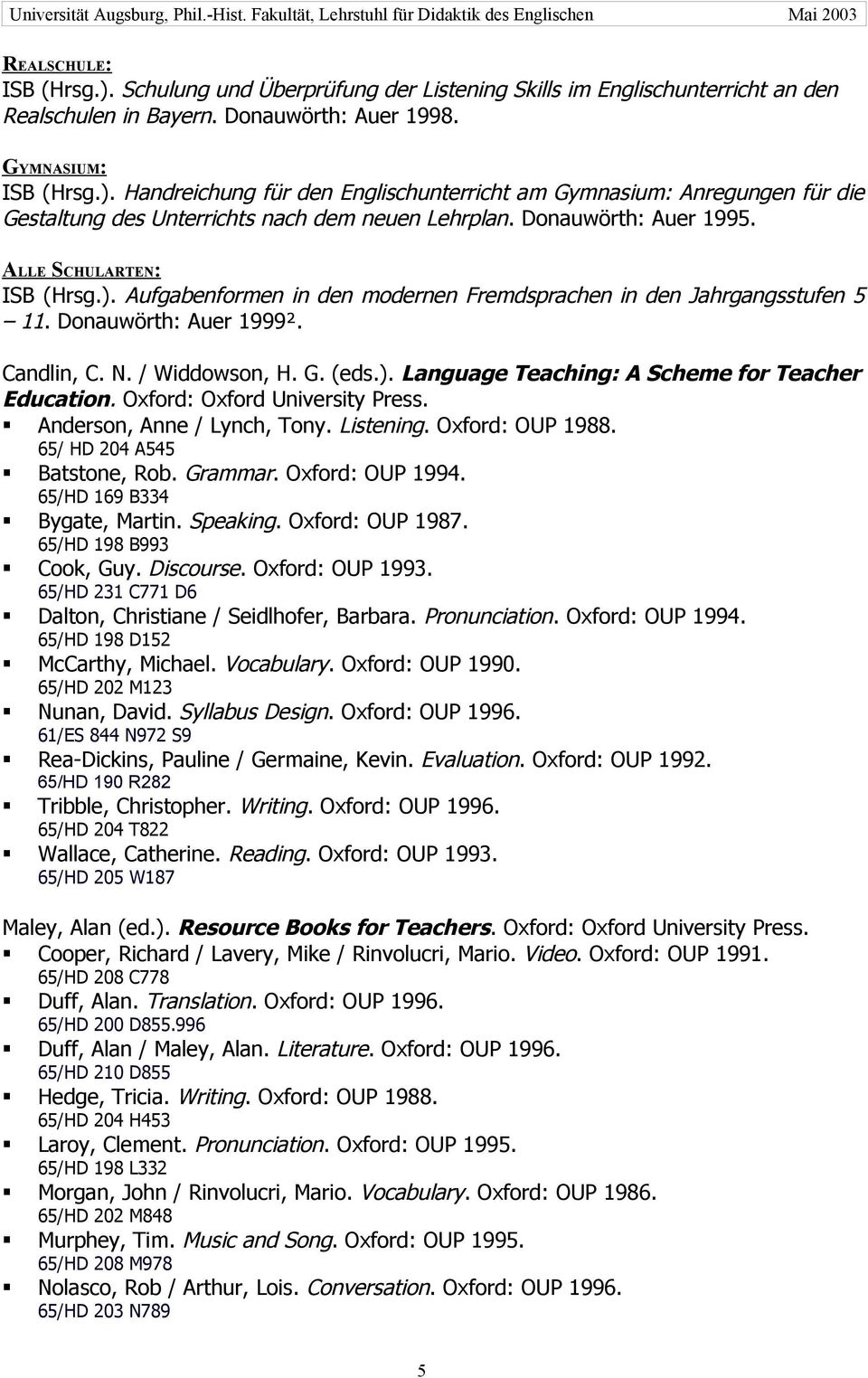 Oxford: Oxford University Press. Anderson, Anne / Lynch, Tony. Listening. Oxford: OUP 1988. 65/ HD 204 A545 Batstone, Rob. Grammar. Oxford: OUP 1994. 65/HD 169 B334 Bygate, Martin. Speaking.