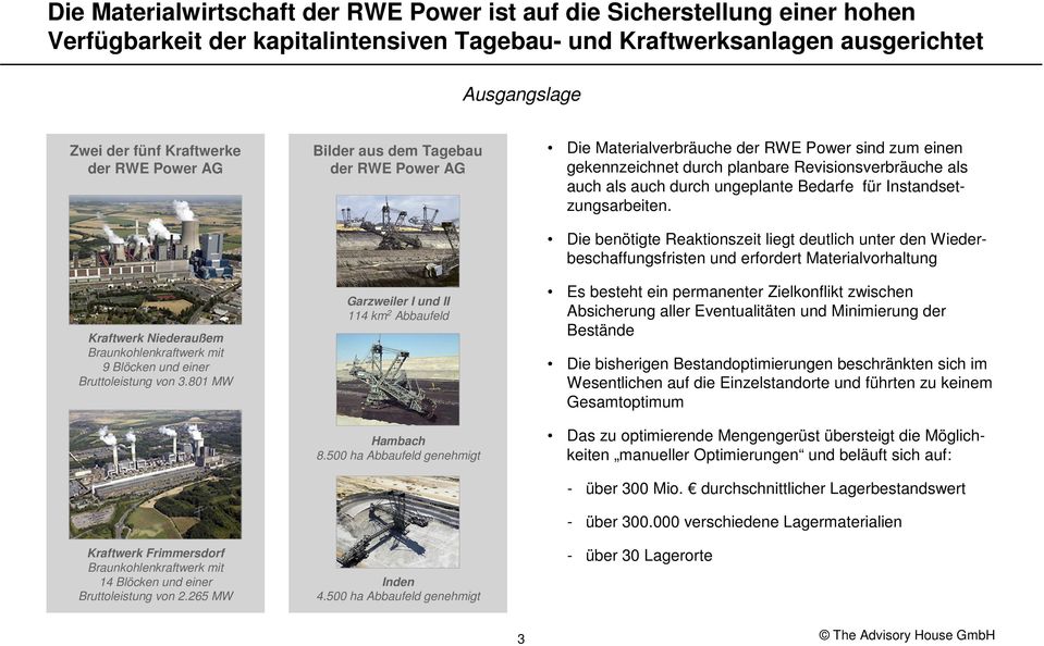 265 MW Bilder aus dem Tagebau der RWE Power AG Garzweiler I und II 114 km 2 Abbaufeld Hambach 8.500 ha Abbaufeld genehmigt Inden 4.