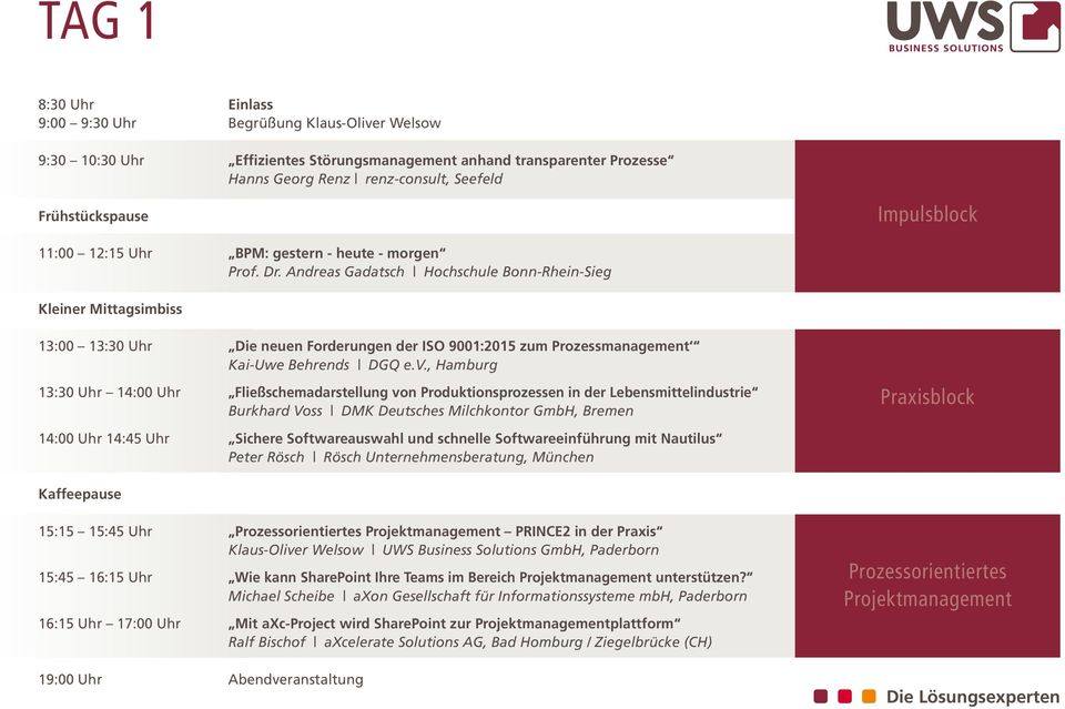 Andreas Gadatsch Hochschule Bonn-Rhein-Sieg Kleiner Mittagsimbiss 13:00 13:30 Uhr Die neuen Forderungen der ISO 9001:2015 zum Prozessmanagement Kai-Uwe Behrends DGQ e.v.