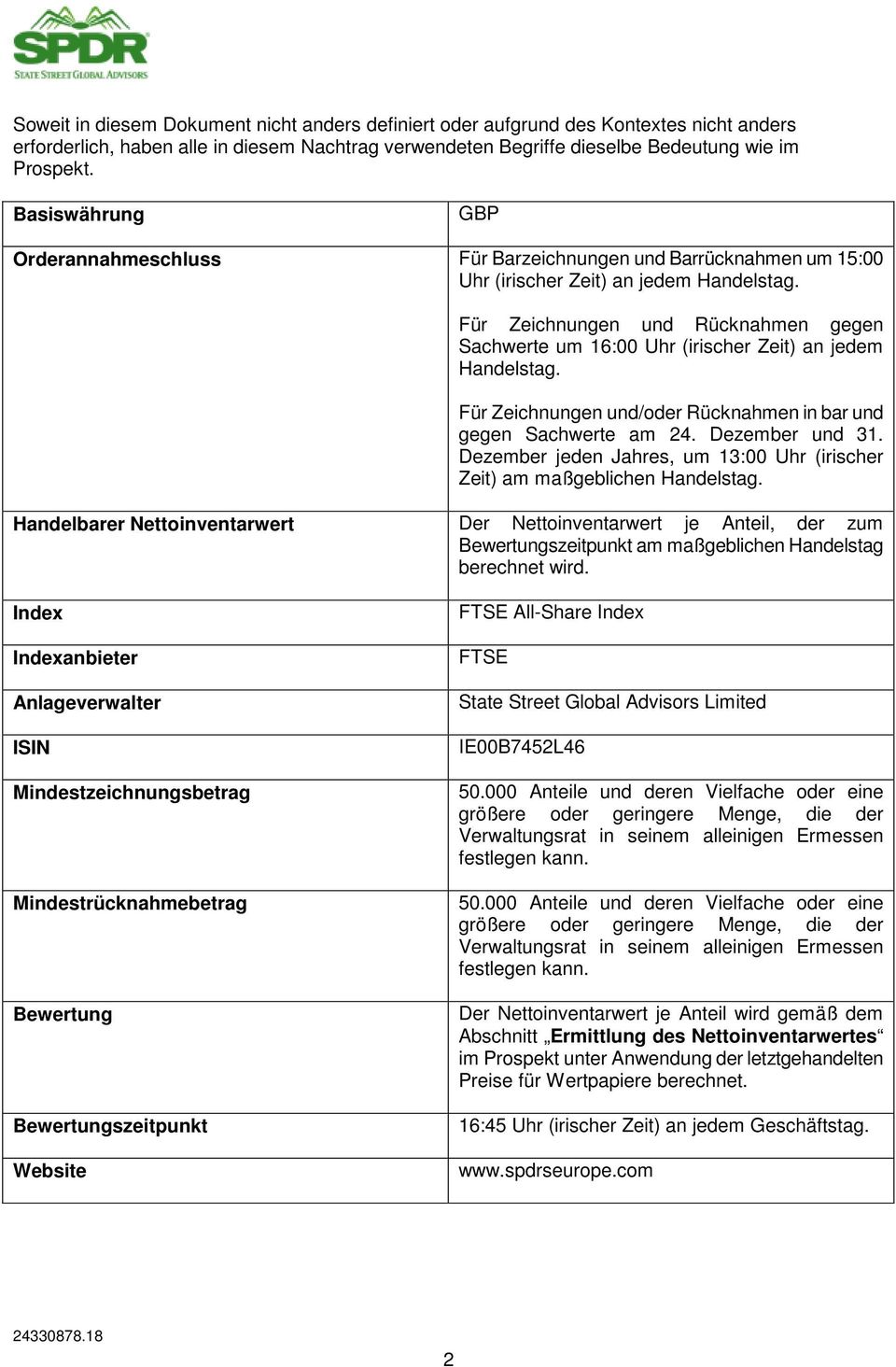 Für Zeichnungen und Rücknahmen gegen Sachwerte um 16:00 Uhr (irischer Zeit) an jedem Handelstag. Für Zeichnungen und/oder Rücknahmen in bar und gegen Sachwerte am 24. Dezember und 31.