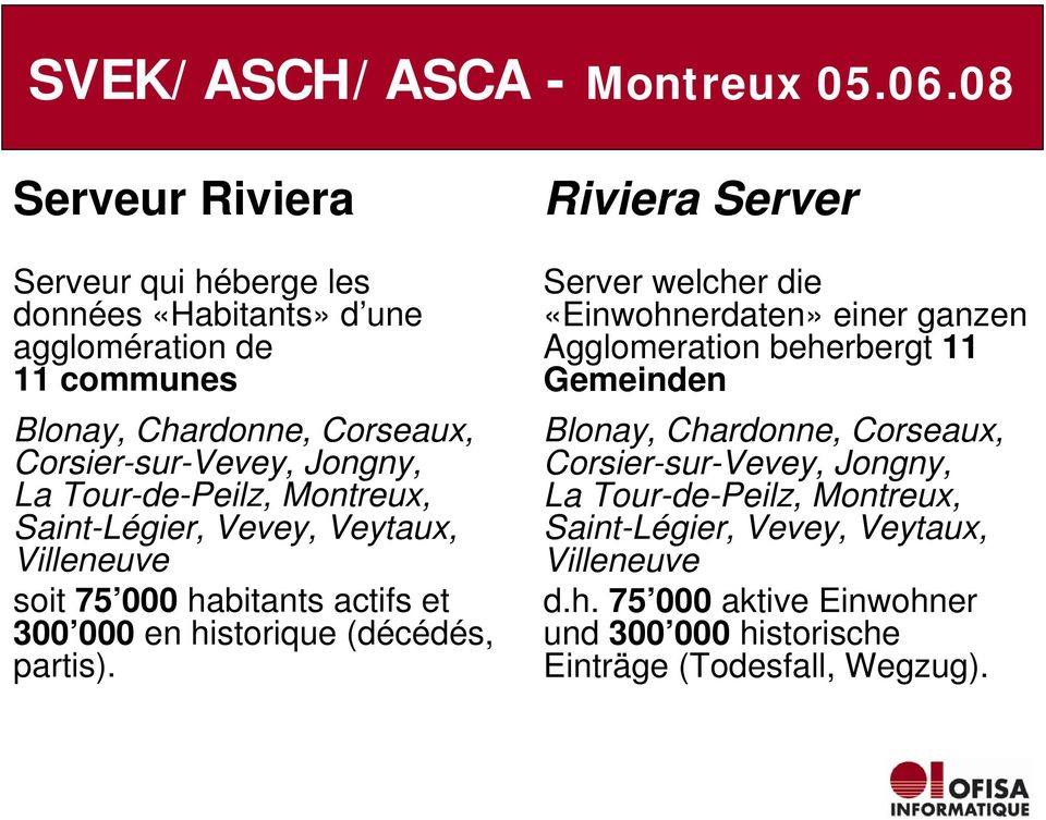 Riviera Server Server welcher die «Einwohnerdaten» einer ganzen Agglomeration beherbergt 11 Gemeinden Blonay, Chardonne, Corseaux, Corsier-sur-Vevey,