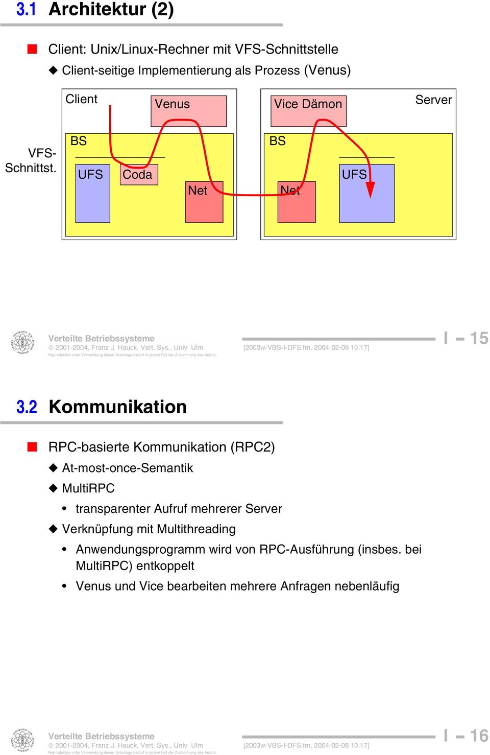 2 Kommunikation RPC-basierte Kommunikation (RPC2) At-most-once-Semantik MultiRPC transparenter Aufruf mehrerer Server