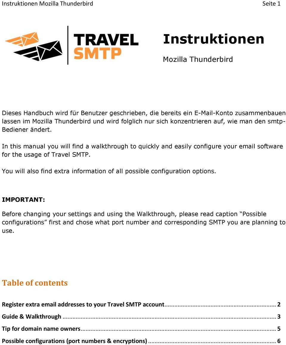In this manual you will find a walkthrough to quickly and easily configure your email software for the usage of Travel SMTP. You will also find extra information of all possible configuration options.