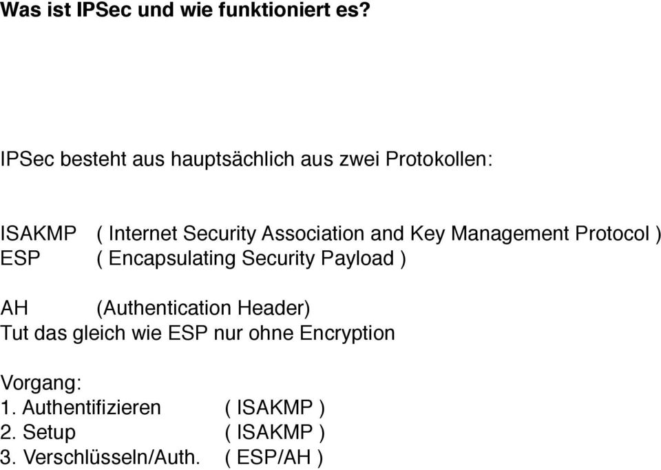 Association and Key Management Protocol ) ESP ( Encapsulating Security Payload ) AH
