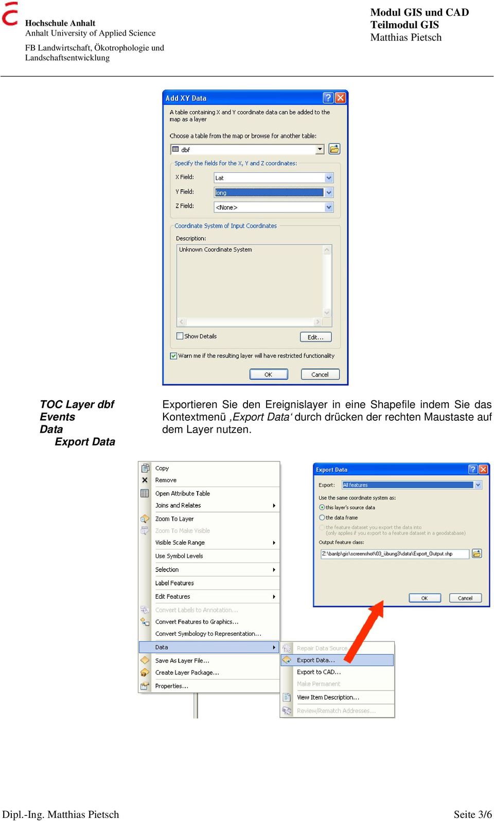 das Kontextmenü,Export Data durch drücken der