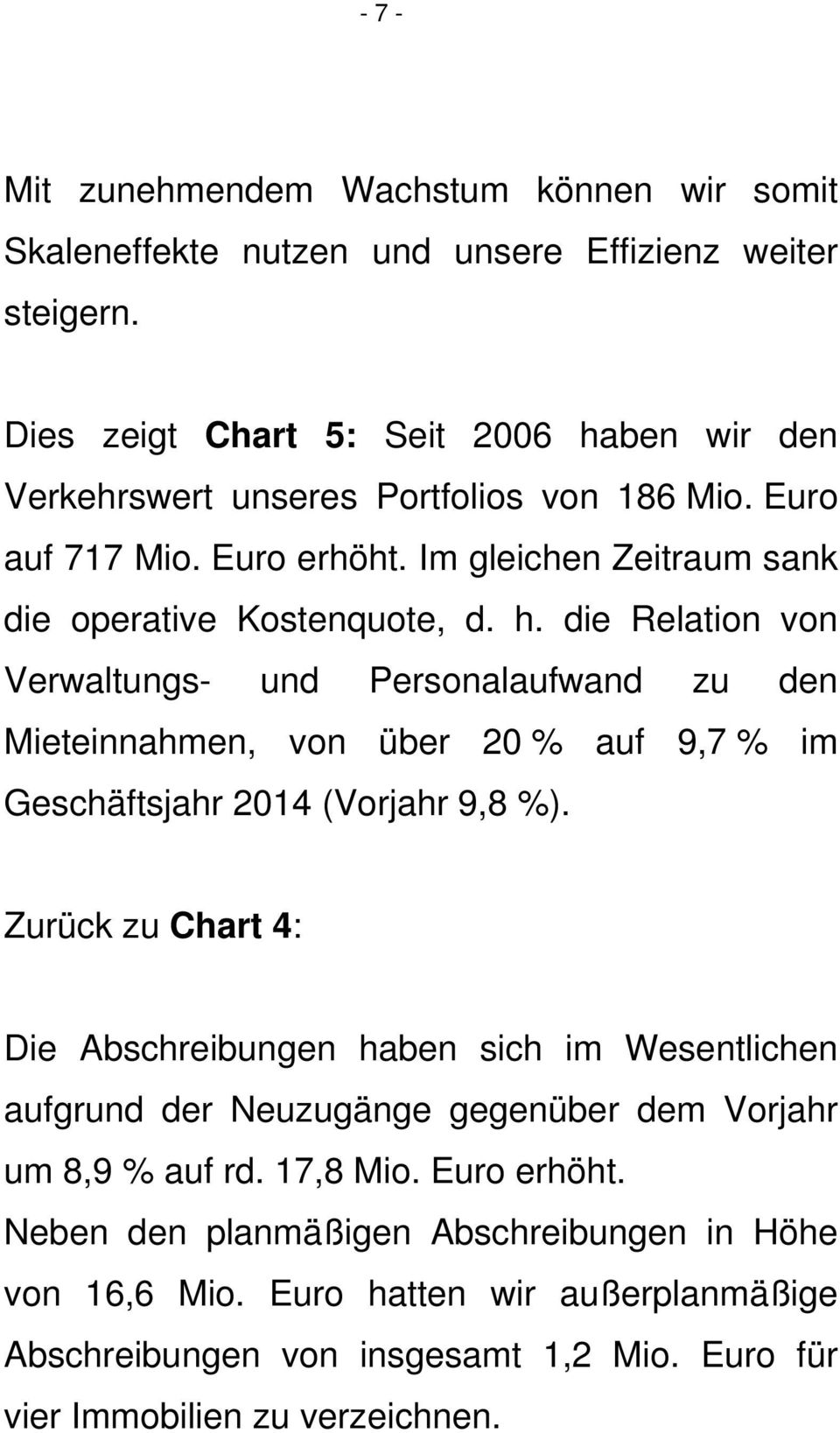 Zurück zu Chart 4: Die Abschreibungen haben sich im Wesentlichen aufgrund der Neuzugänge gegenüber dem Vorjahr um 8,9 % auf rd. 17,8 Mio. Euro erhöht.