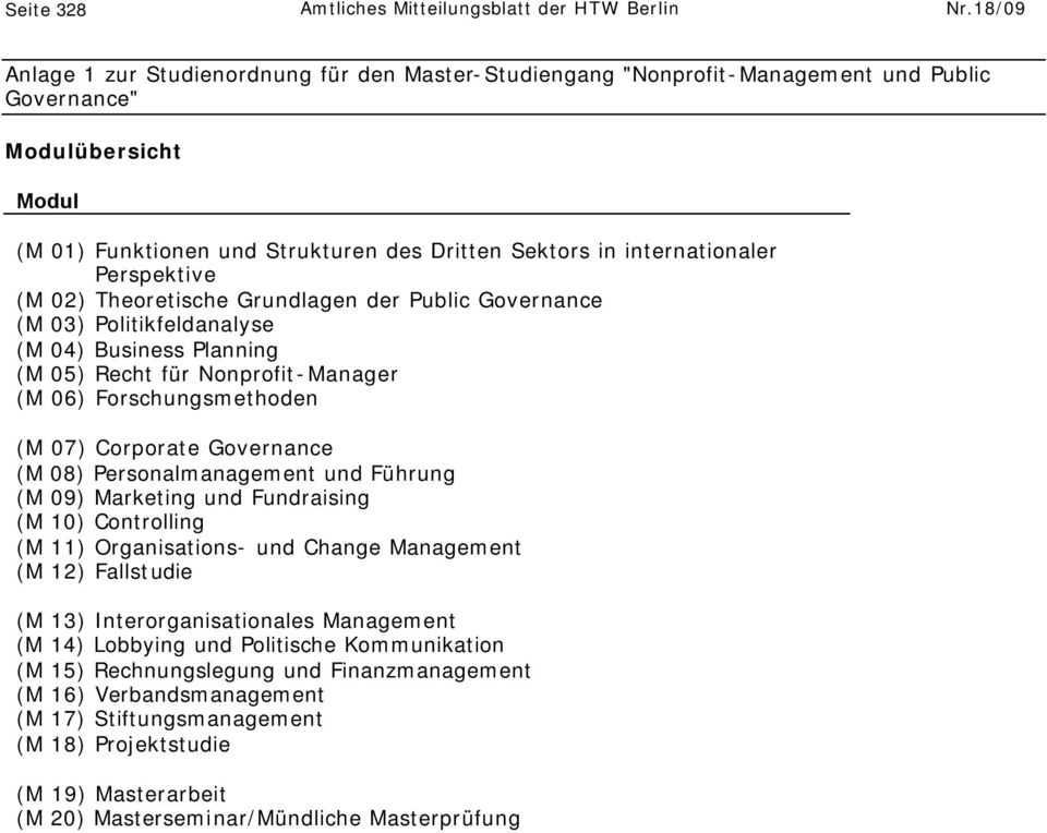 Perspektive (M 02) Theoretische Grundlagen der Public Governance (M 03) Politikfeldanalyse (M 04) Business Planning (M 05) Recht für Nonprofit-Manager (M 06) Forschungsmethoden (M 07) Corporate