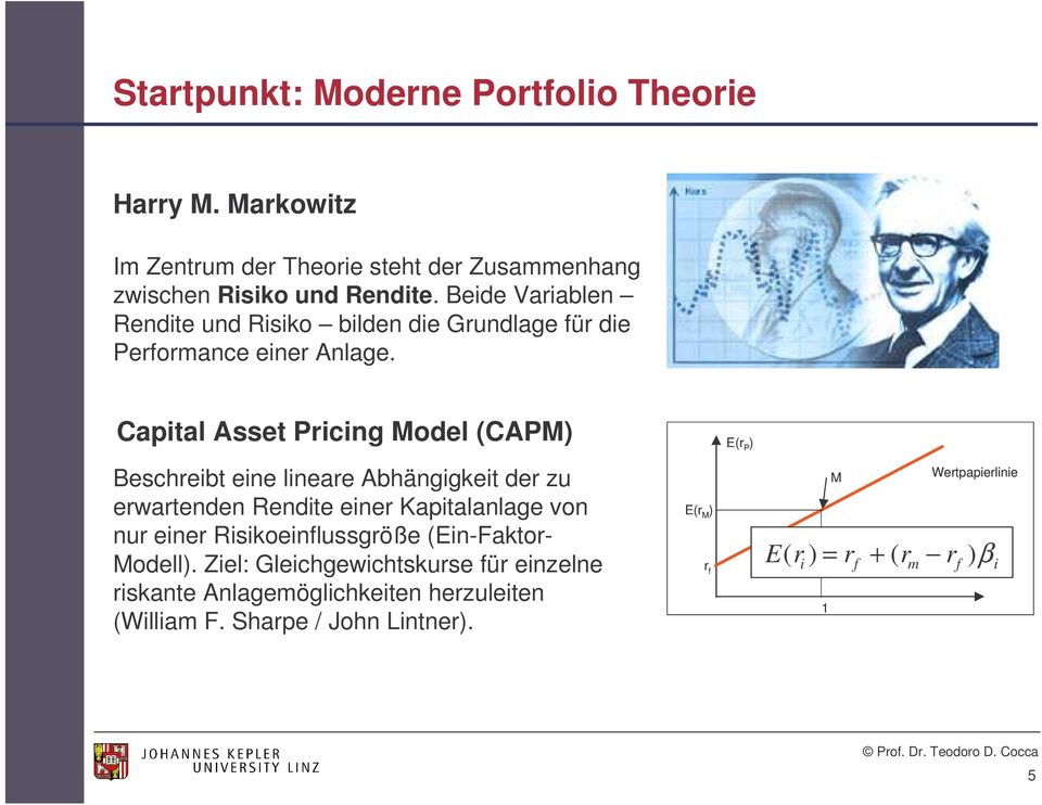 Capital Asset Pricing Model (CAPM) Beschreibt eine lineare Abhängigkeit der zu erwartenden Rendite einer Kapitalanlage von nur einer
