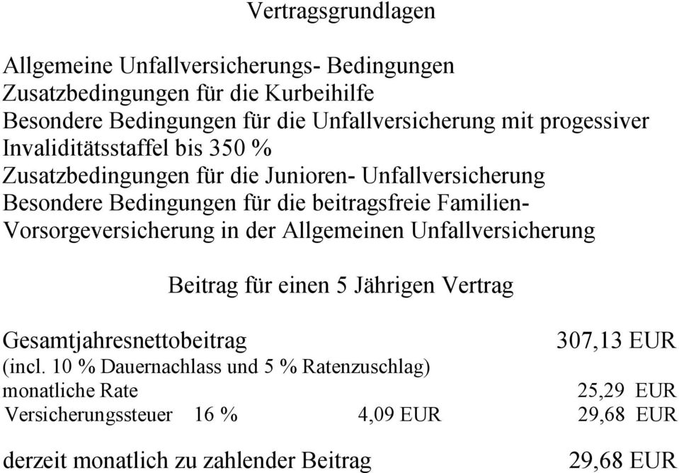 Familien- Vorsorgeversicherung in der Allgemeinen Unfallversicherung Beitrag für einen 5 Jährigen Vertrag Gesamtjahresnettobeitrag 307,13 EUR (incl.