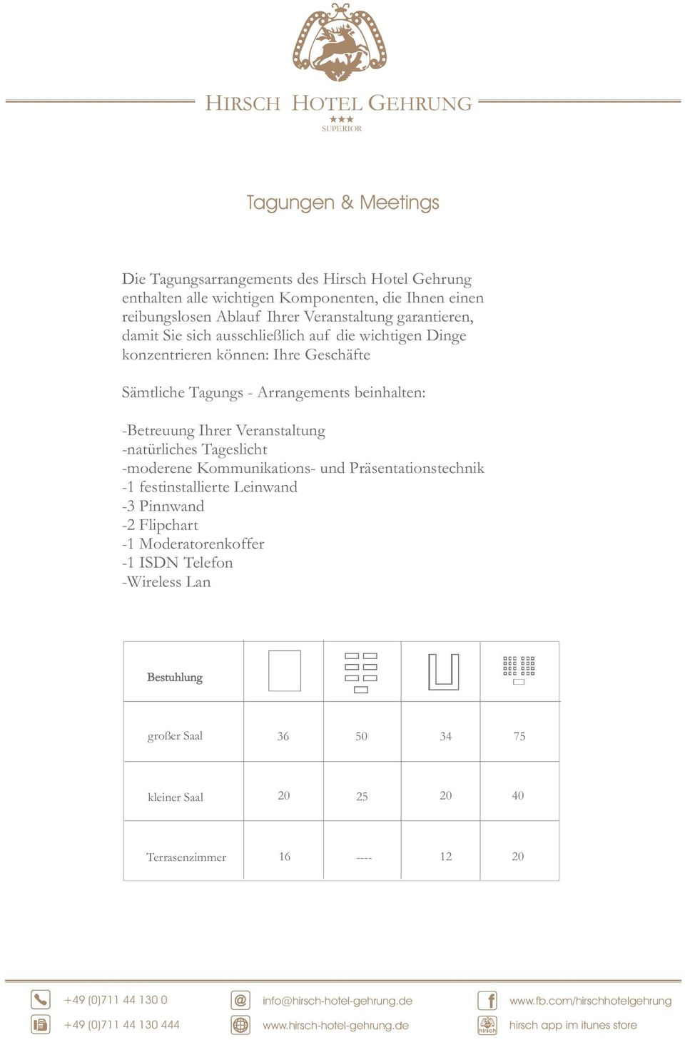 Tageslicht -moderene Kommunikations- und Präsentationstechnik -1 festinstallierte Leinwand -3 Pinnwand -2 Flipchart -1 Moderatorenkoffer -1 ISDN Telefon -Wireless Lan Bestuhlung großer Saal 36 50 34