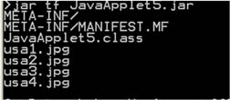 Aufgabe 6: Java-Applet mit jar-archiv Speichern Sie die Klasse JavaApplet5.class und die 4 Bilder usa1.jpg, usa2.jpg, usa3.jpg und usa4.jpg in ein jar-archiv namens JavaApplet5.jar. Lösung 6: Java-Applet mit jar-archiv Klasse JavaApplet5.