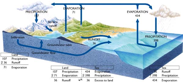 Wasserkreislauf / Wasserbilanz der Erde - - - + Der Wasserkreislauf der Erde: Die Evaporation über Meer und Land entspricht der Summe der Niederschläge.