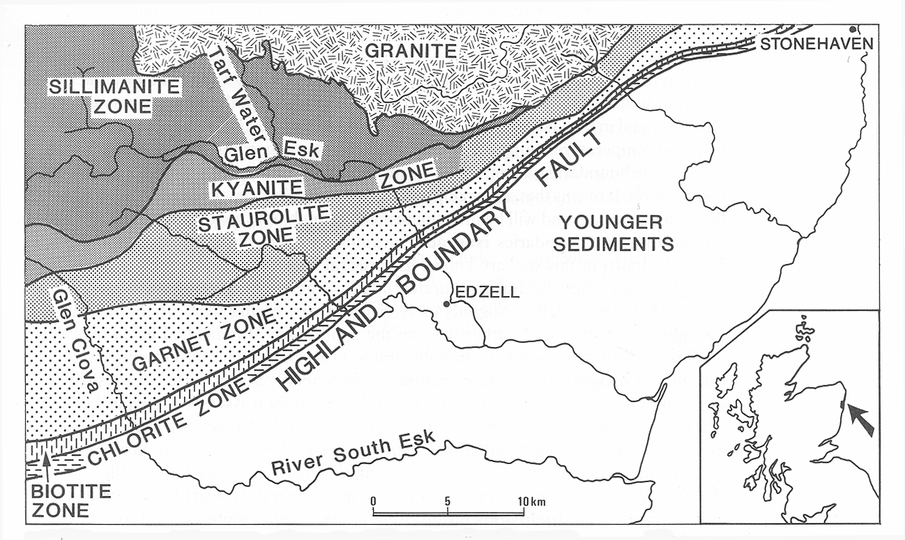 Erde I Petrologie der Metamorphen Gesteine 24 Abbildung 7: Mineralzonen der Metamorphose in den südöstlichen schottischen Highlands, klassische Lokalität von Barrow, überarbeitet von Tilley (1925),