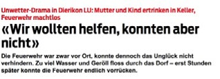 12 Einsatz Schweizerische Feuerwehr-Zeitung nuten komplett verstopft, Strassen im «Dörfli» gingen in einem tosenden Bach unter.