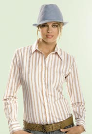 Hemden & Blusen (Stripes) Ladies Striped Blouse Blue-Beige H655 Abgerundeter Saumabschluss. Knöpfe in Perlmuttoptik. Abgerundete Manschette mit 2 Knöpfen. Modisches Streifendesign.