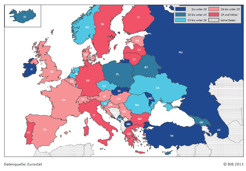 Altersquotienten* in Europa, 2011 * 65 Jährige und Ältere je 100