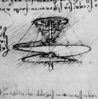 1. Die Geschichte des Hubschraubers 1.1 Der Flugkreisel Abbildung 6: Leonardo da Vinci und seine Hubschrauberskizze. Am Anfang der Hubschrauberentwicklung steht der chinesische 'Flugkreisel'.