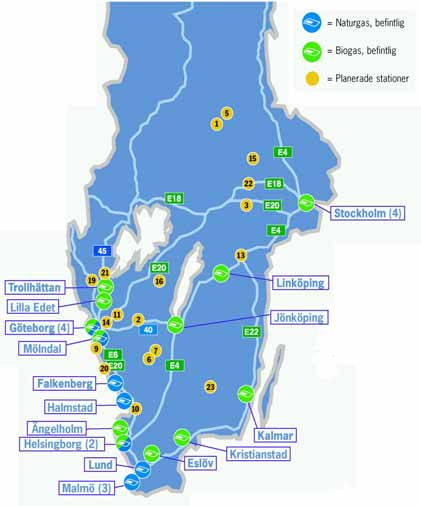 Refuelling in Sweden Nya 2003 11 cities operate on biogas only 3 cities have systems where both biogas and natural gas are
