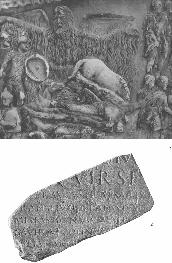 Púchovská kultúra a Germáni na Pohroní v staršej dobe rímskej 259 Obr. 2. 1. Stĺp Marka Aurélia v Ríme. Scéna XVI tzv. zázračný dážď (Petersen Domaszewski Calderini 1896); 2.