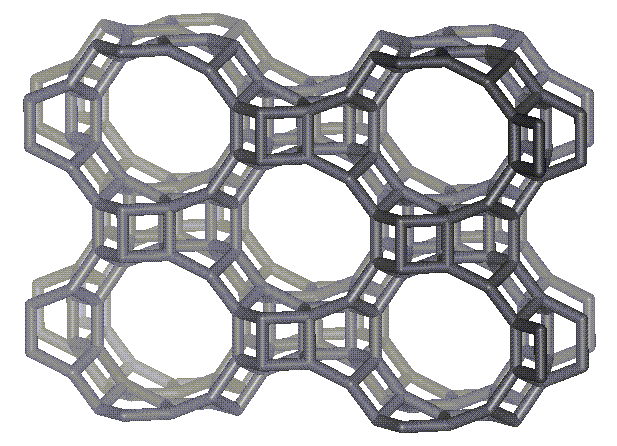 15 10-Ring-Porensystem (0,41 0,51 nm), welches mit ersterem nur über 6-Ring-Poren verbunden ist. Abbildung 3.5: Strukturausschnitt von MCM-22 (links) mit dem großen Käfig (rechts).