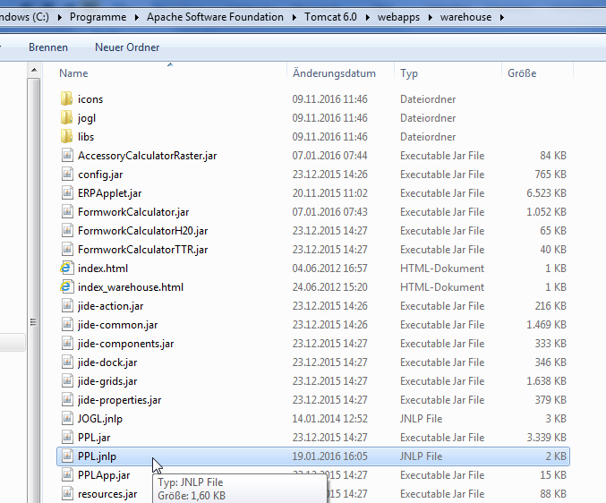 Schritt 5 PPL 10.0 Verknüpfung erstellen und starten Wählen Sie im Verzeichnis C:\Program Files\Apache Software Foundation\Tomcat 6.0\webapps\ warehouse die Datei PPL.