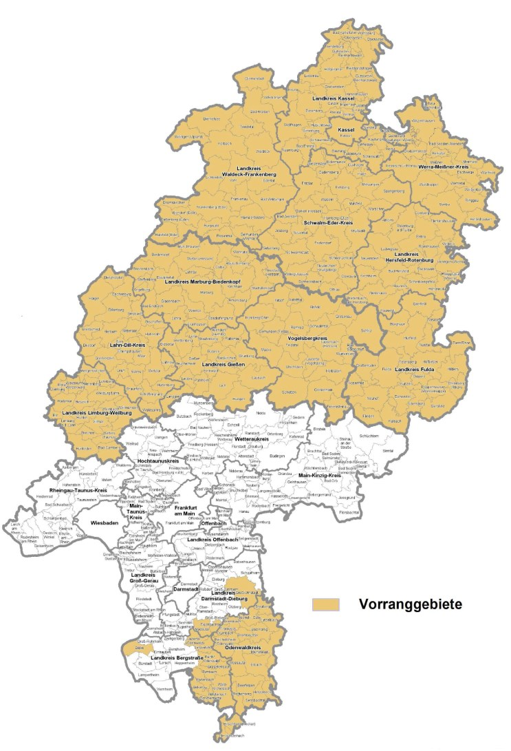 - 15 - V. GEOGRAFISCHES KRITERIUM Fördergebiet ist ganz Hessen, das aus den drei Regierungsbezirken Kassel (Nordhessen), Gießen (Mittelhessen) und Darmstadt (Südhessen) besteht.