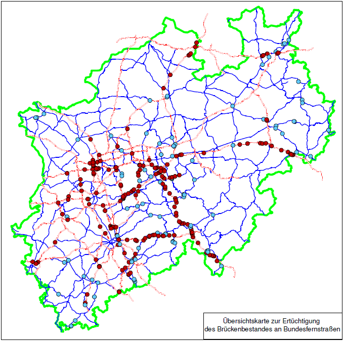 Bild 5 Übersicht über die vordringlich zu überprüfenden Brücken in Nordrhein-Westfalen (rote Punkte: Brücken im Zuge von Autobahnen, hellblaue Punkte: Brücken im Zuge von Bundesstraßen) 3.