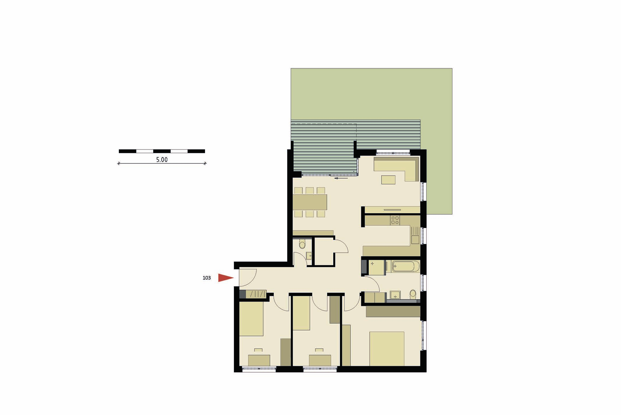 4-Zimmer Terrasse 103 EG Haus 1 Wohnfläche 105,85 m 2 raum 103 ca. 5,00 m 2 Gartenanteil ca.