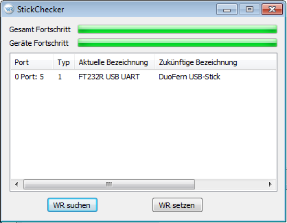 Abb. 4 Ist die Aktuelle Bezeichnung des Sticks ungleich "DuoFern USB-Stick" (s. Abb. 5) muss ein Update durchgeführt werden. Klicken Sie dazu bitte auf "WR setzen".