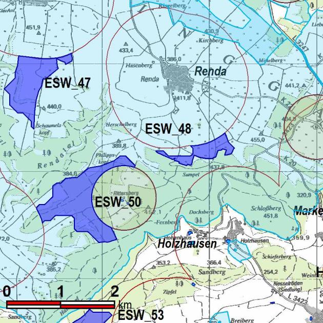 Kennung: ESW 48 alt: ESW_048 Arbeitsname: östlich Renda Kommune/n: Ringgau Ortsteil/e: Renda 136,79 ha 1. Planentwurf 0,00 ha 25,93 ha Windgeschwindigkeit: 5.75 m/sek bis unter 6.