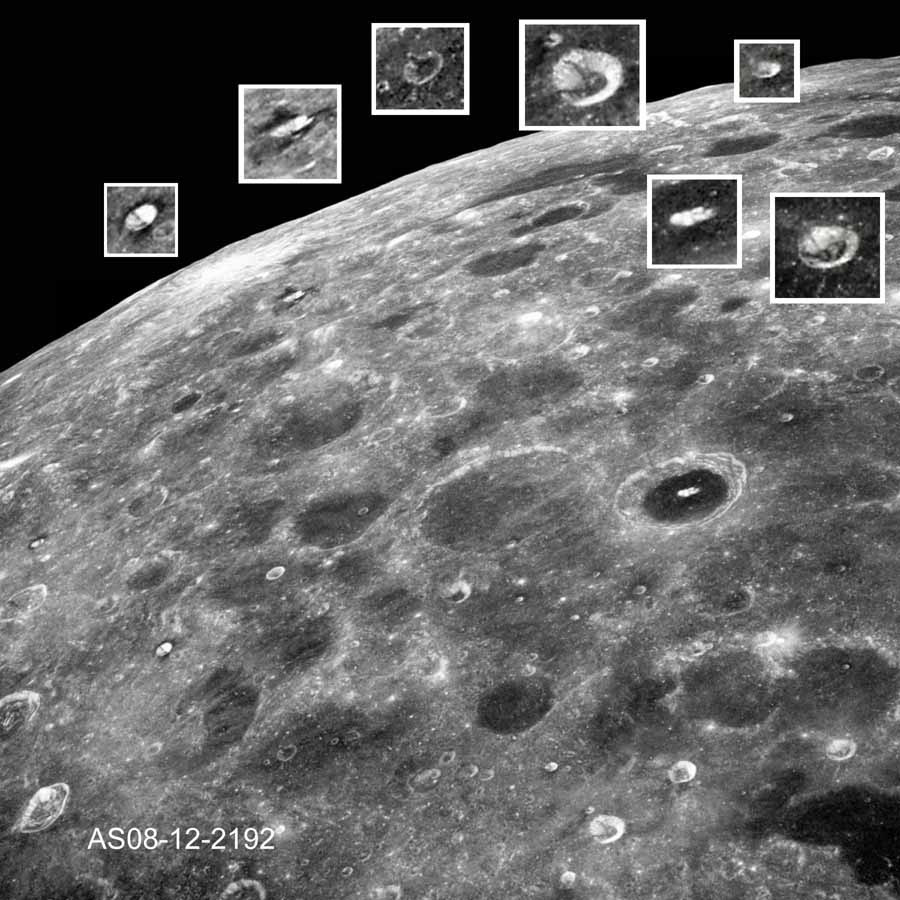 Bei genauem Hinschauen entpuppen sich einige der zahlreichen Krater auf der Mondrückseite als gigantische Parabol-Antennen, aufgenommen während der ersten bemannten Mondumkreisung 1968 von Apollo 8.