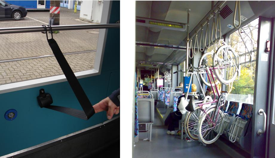 6 Untersuchungsergebnisse und Empfehlungen ausgewählter Einzelmaßnahmen für eine koordinierte Rad- und ÖPNV-Förderung 123 Abbildung 67: links: Fahrradgurt in Rostocker Straßenbahnfahrzeugen, rechts: