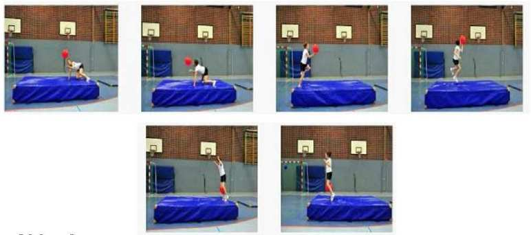 Übung 2 - Weichbodenmatte - Stoppuhr - Ballon Die Spieler absolvieren auf einem Weichboden eine Mattenlänge Bärengang, eine Bahn Einbeinhüpfen.