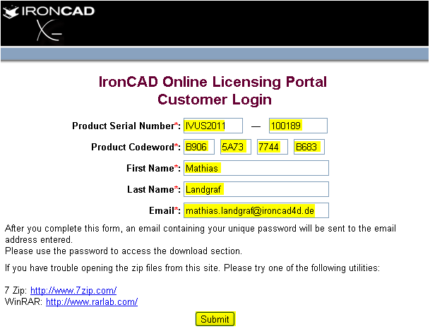 Schritt 1: Lizenzdatei anfordern Starten Sie einen Internetbrowser und gehen Sie auf die Webseite: http://services.ironcad.com/activation/ Geben Sie die Daten des Lizenzblatts ein.