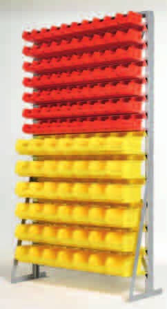 Kleinteilemagazine Fix-Ständerregal FSR, einseitig - Ausgestattet mit Kunststoffkästen - Mit 1 in der Höhe variabel steckbaren Einhängeleisten - : B 1.15 x H 1.950 x T 00 mm Anzahl Kästen x Gr.