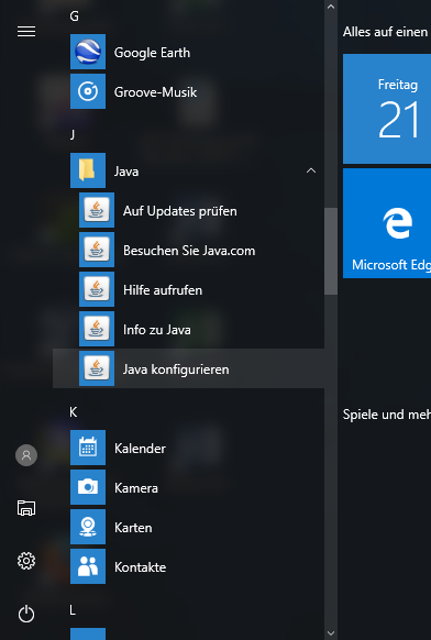 Windows 10: DE: Öffnen Sie im Startmenü das Java Control Panel => Registerkarte
