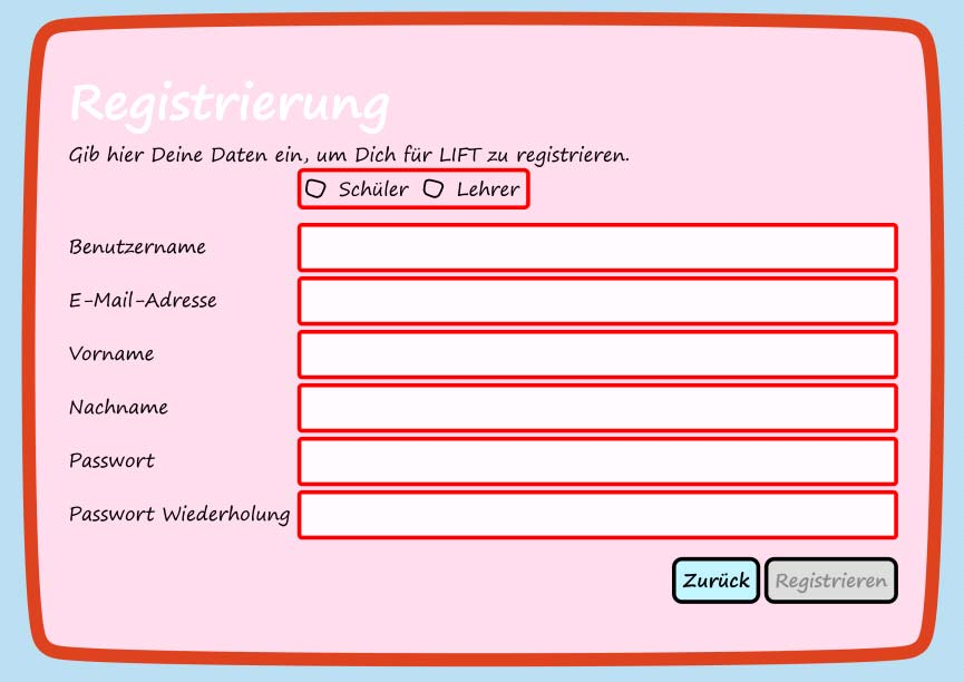 Registrierung Im Registrierungs Dialog können Sie sich, durch Angabe Ihrer Daten, Zugangsdaten für LIFT generieren lassen.