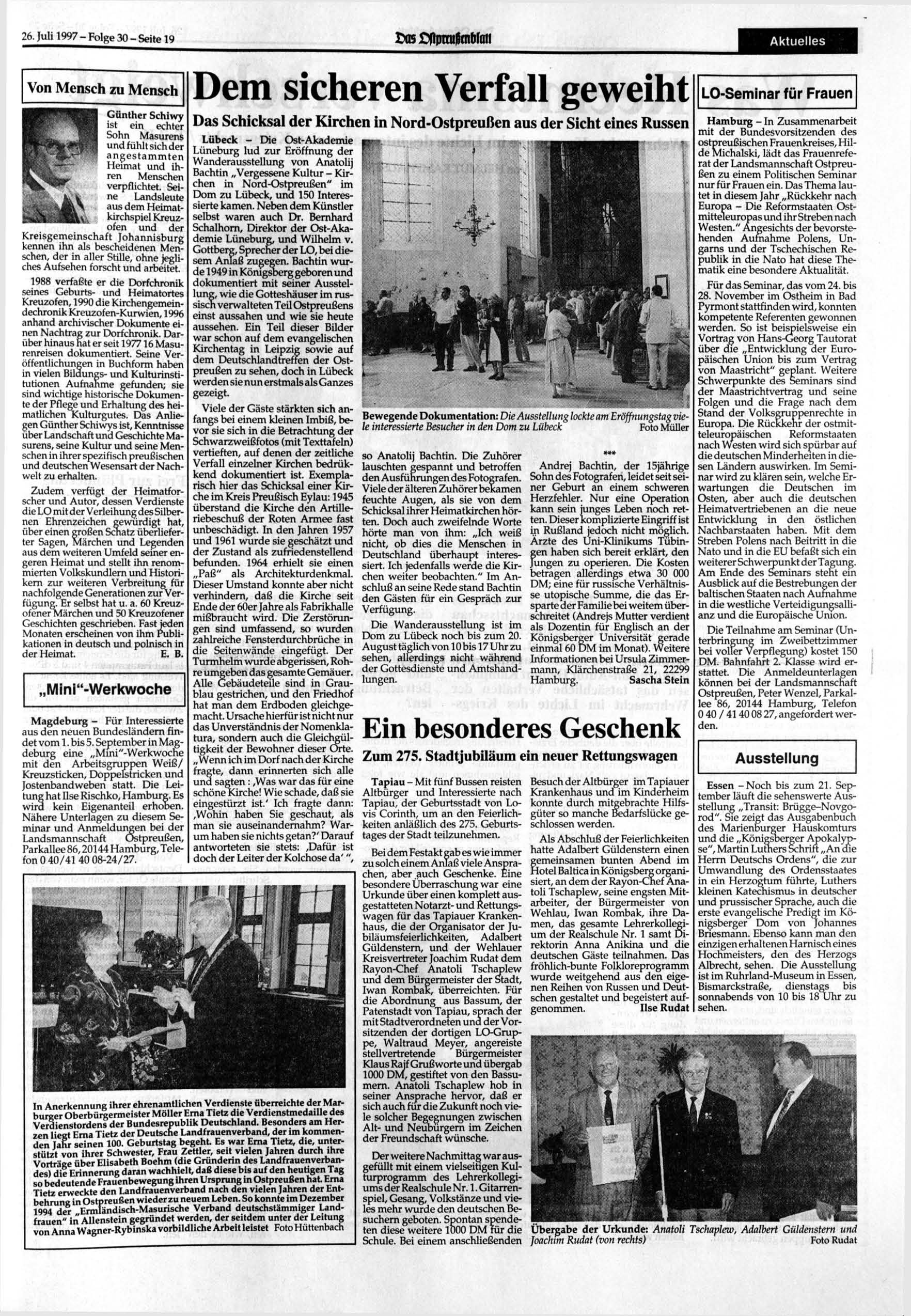 26. 1997-Folge 30 - Seite 19 X>05 Cfipraidmbraü Aktuelles Von Mensch zu Mensch Kreisgemeinschaft Johannisburg kennen ihn als bescheidenen Menschen, der in aller Stille, ohne jegliches Aufsehen