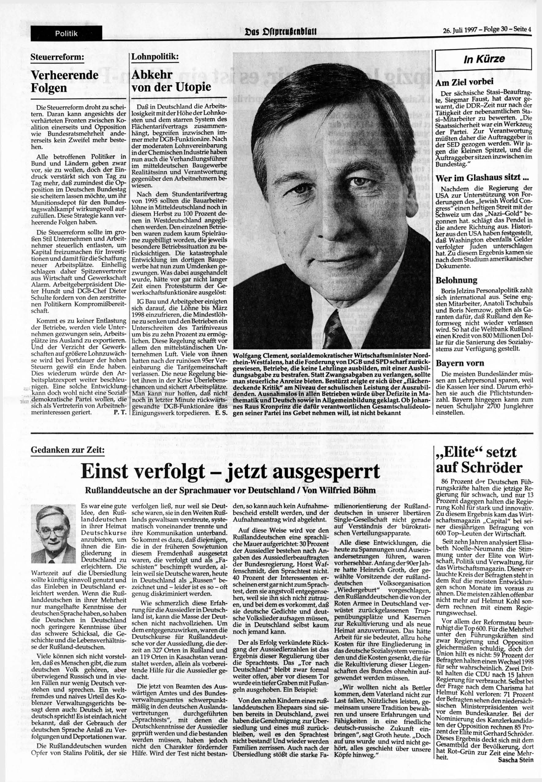 Politik Das Öftprtußtnblatl 26. 1997- Folge30-Seite4 Steuerreform: Verheerende Folgen Die Steuerreform droht zu scheitern.