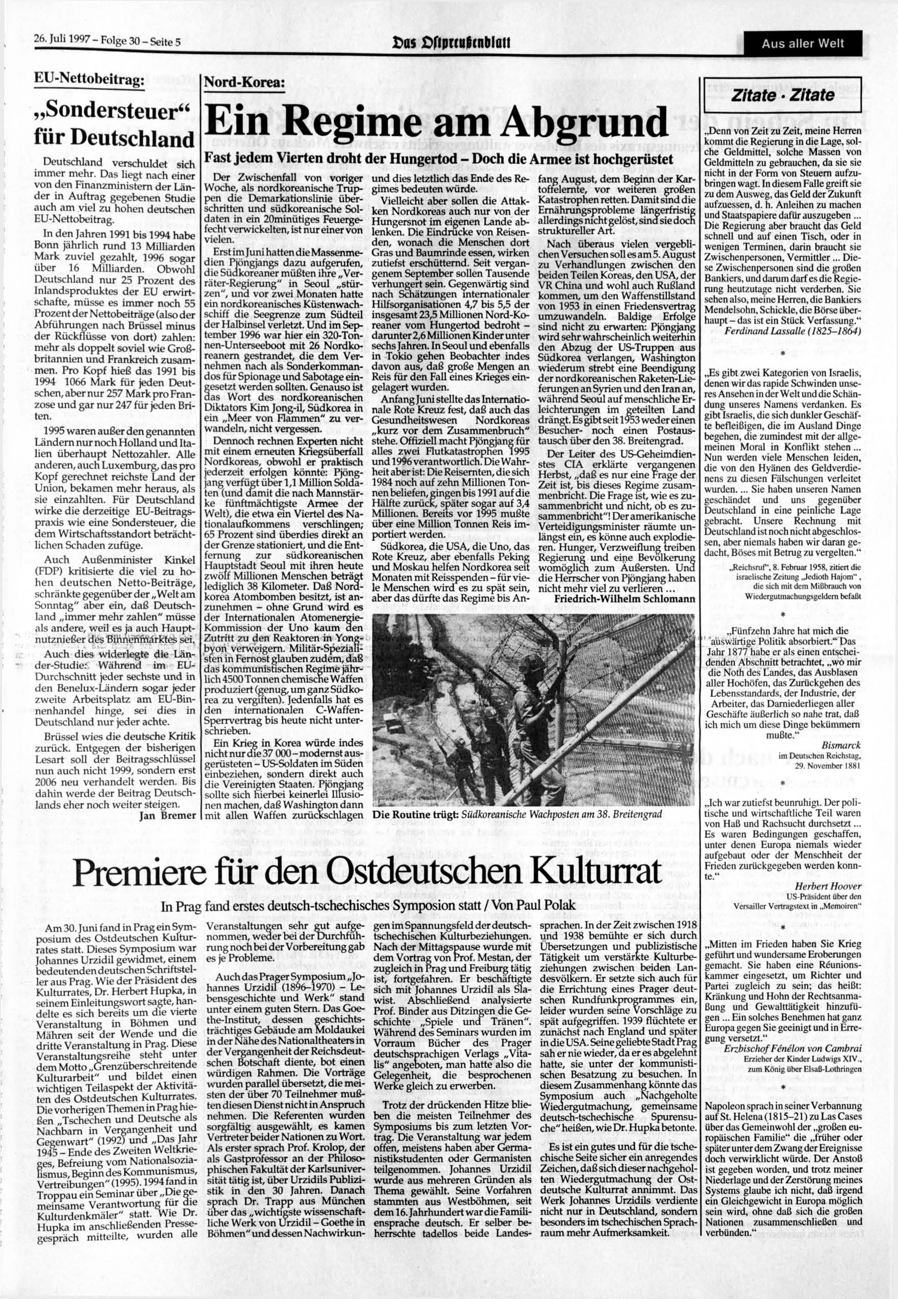 26. 1997-Folge 30 - Seite 5 Das >fiprtuß<nblati Aus aller Welt EU-Nettobeitrag; Sondersteuer" für Deutschland Deutschland verschuldet sich immer mehr.