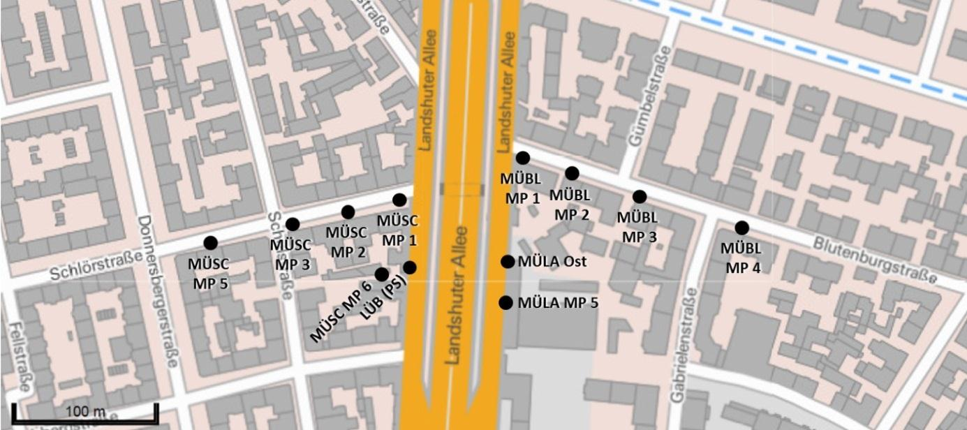 Abbildung 2/9: NO 2 -Jahresmittelwerte für das Bezugsjahr 2012 an den Messpunkten (MP) entlang der Landshuter Allee. Der Messpunkt LÜB (PS) ist auf der LÜB-Station angebracht.