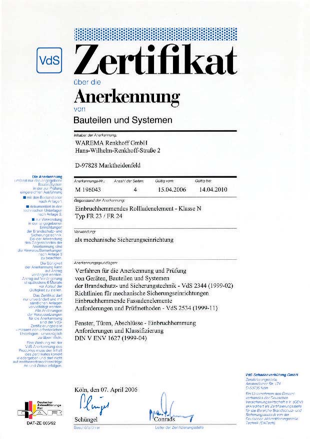 Zertifikate FR 23/FR 24 Zertifikat Einbruchhemmendes element