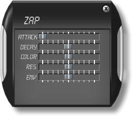 Zap Zap erzeugt mit Rauschen, einem Filter und einer Hüllkurve Elektro-Snaps. Aber auch Bass Drums, Shaker oder Maracas sind damit möglich.