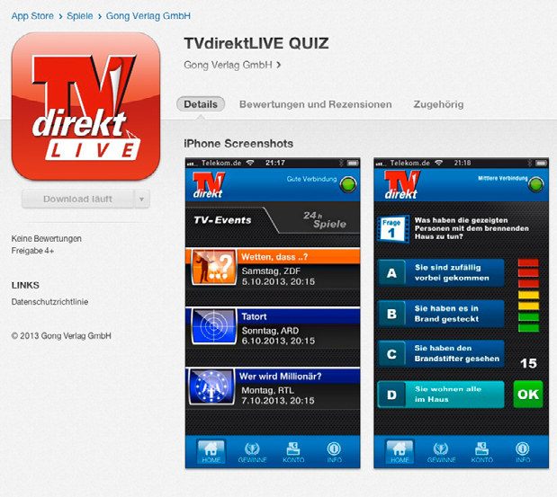 App TVdirekt live Quiz Artdirektion, visuelle