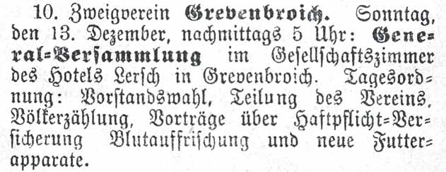 Bild 3: Einladung zur Generalversammlung des Bienenzuchtvereins Grevenbroich im Jahre 1896 6 Der Bienenzuchtverein Grevenbroich wird nunmehr in sechs eigenständige Bienenzuchtvereine aufgeteilt