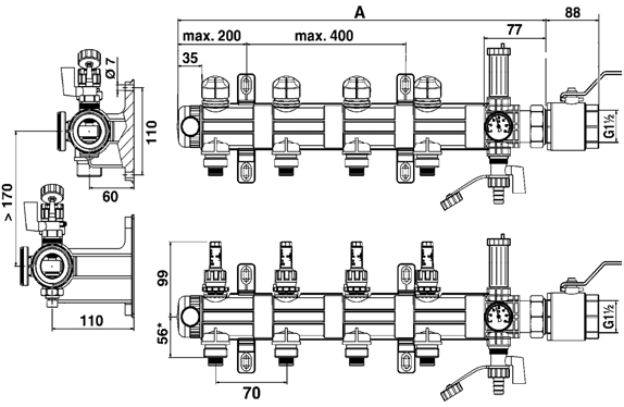 ZEWO Industrieverteiler Technische Daten Technische Daten Hauptanschluss G1½" Mögliche Heizkreisanschlüsse G1-Klemmringverschraubung für Rohr Ø 25 x 2,3/2,5; G¾-Eurokonus Prüfdruck (24 h, < 30 C) Max.