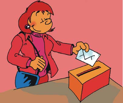 Der rote Wahlumschlag wird ohne Briefmarke per Post
